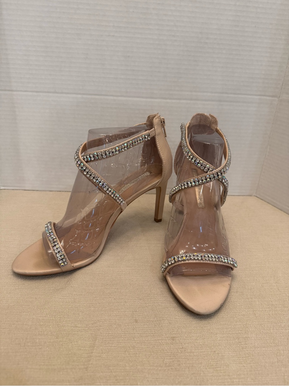 Audrey Brooke Size Cinderella Champagne Satin Rhinestone Formal Heels Sandal 8